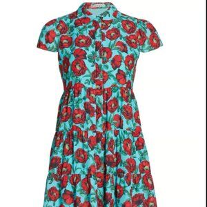 Alice + Olivia Meeko Tiered Floral Shirtdress Sz 8 Beach Bliss Aqua